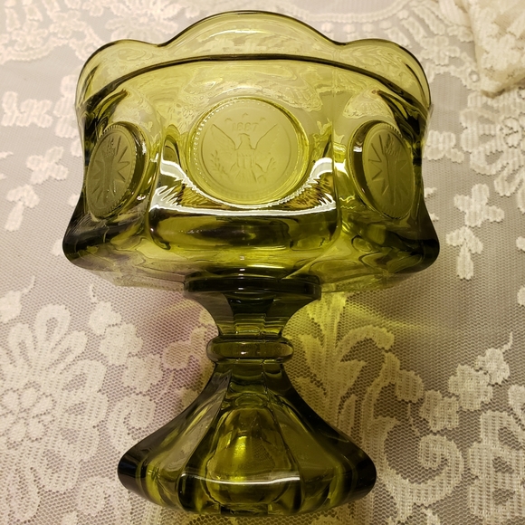Vtg Candy Nut Dish W/Lid Fostoria Coin Green Glass - Picture 10 of 13